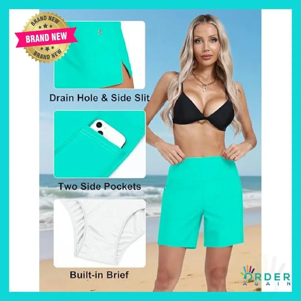 High Waisted Swim Board Shorts Quick Dry Beach Wear with Pockets